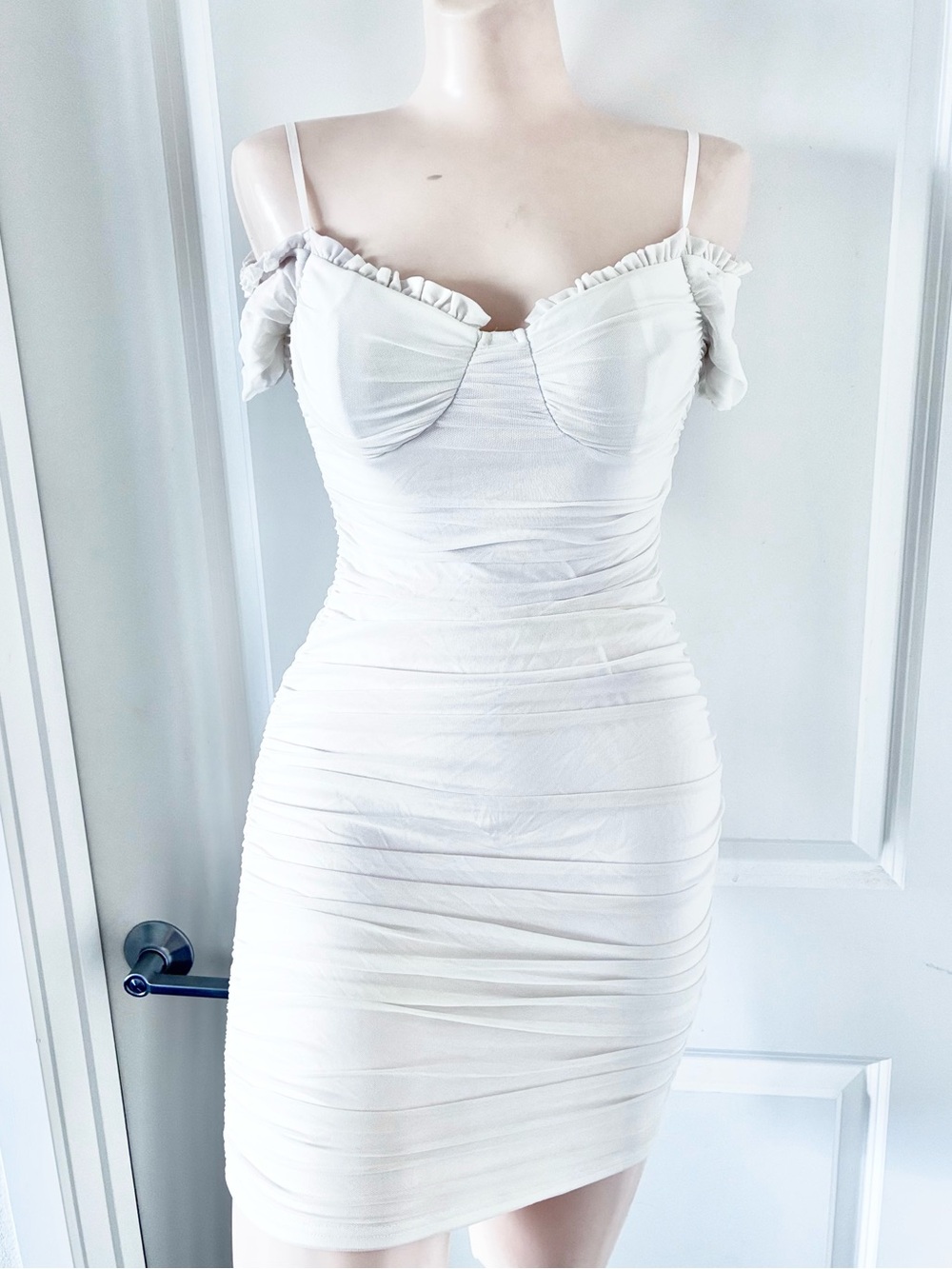 Windsor White Off-Shoulder Ruched Mini Dress